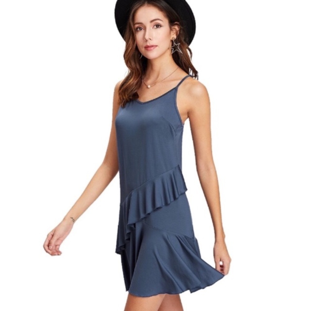Ruffled Layered Spaghetti Strap Drapey Slip Dress Sapphire Blue - Picture 3 of 4